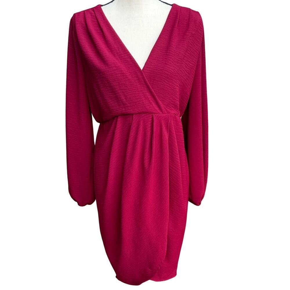 Gilli Women's Small Burgundy Red Surplice Wrap Dress Pleated Balloon Sleeve Mini